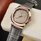 Black Dial Stainless Steel Leather Strap Watch