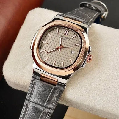 Black Dial Stainless Steel Leather Strap Watch