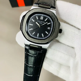 Black Dial Stainless Steel Leather Strap Watch