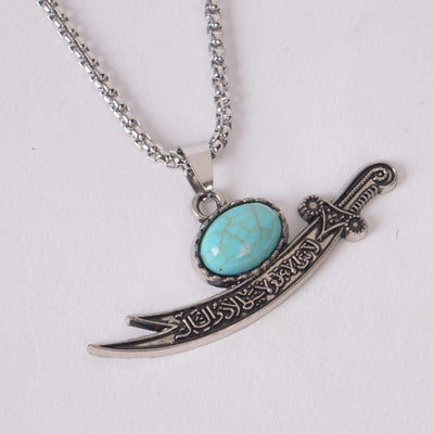Ya Ali Sword Pendant Necklace with Blue Stone