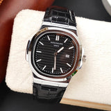 Black Dial Stainless Steel Leather Strap Watch