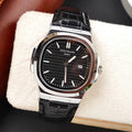 Black Dial Stainless Steel Leather Strap Watch